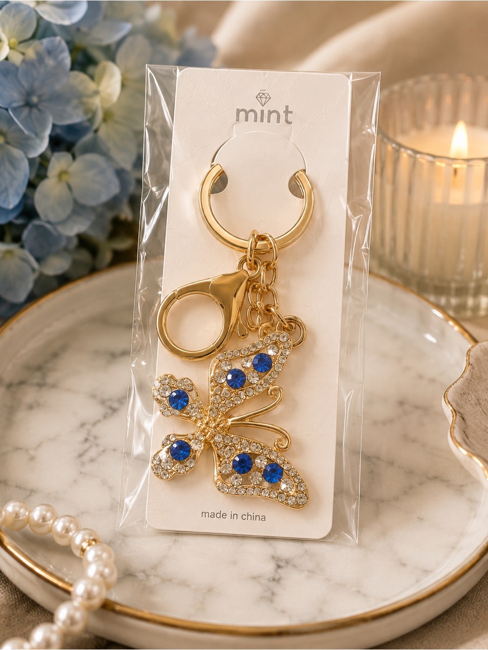 Mint Gold-Tone Butterfly Keychain/charm with Blue Crystals